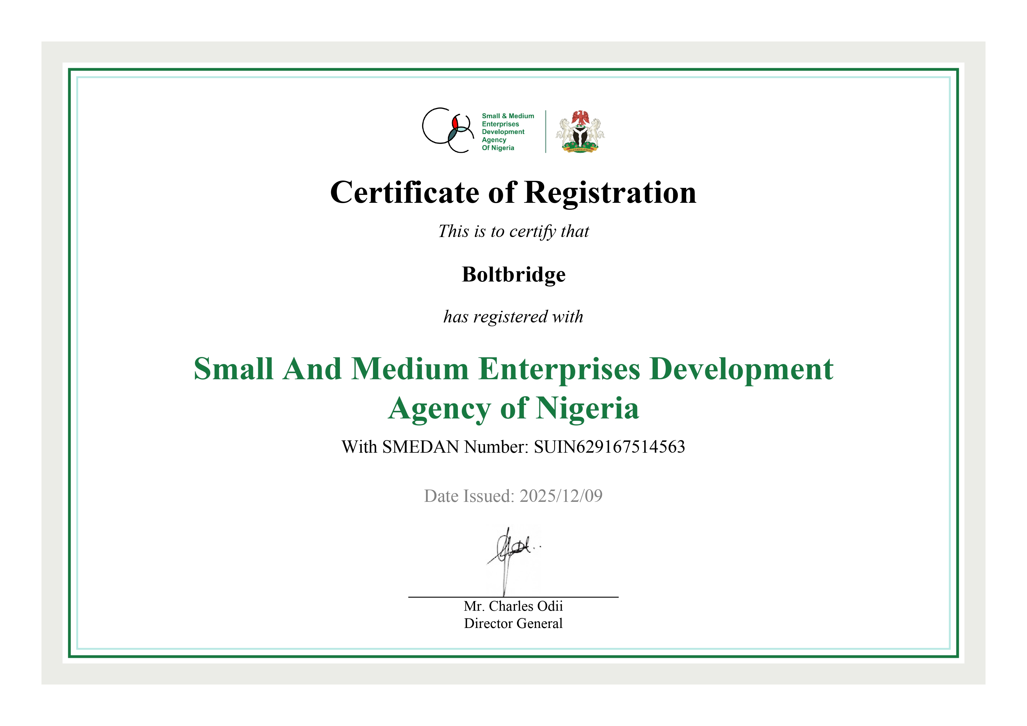 Boltbridge SMEDAN Certificate of Registration
